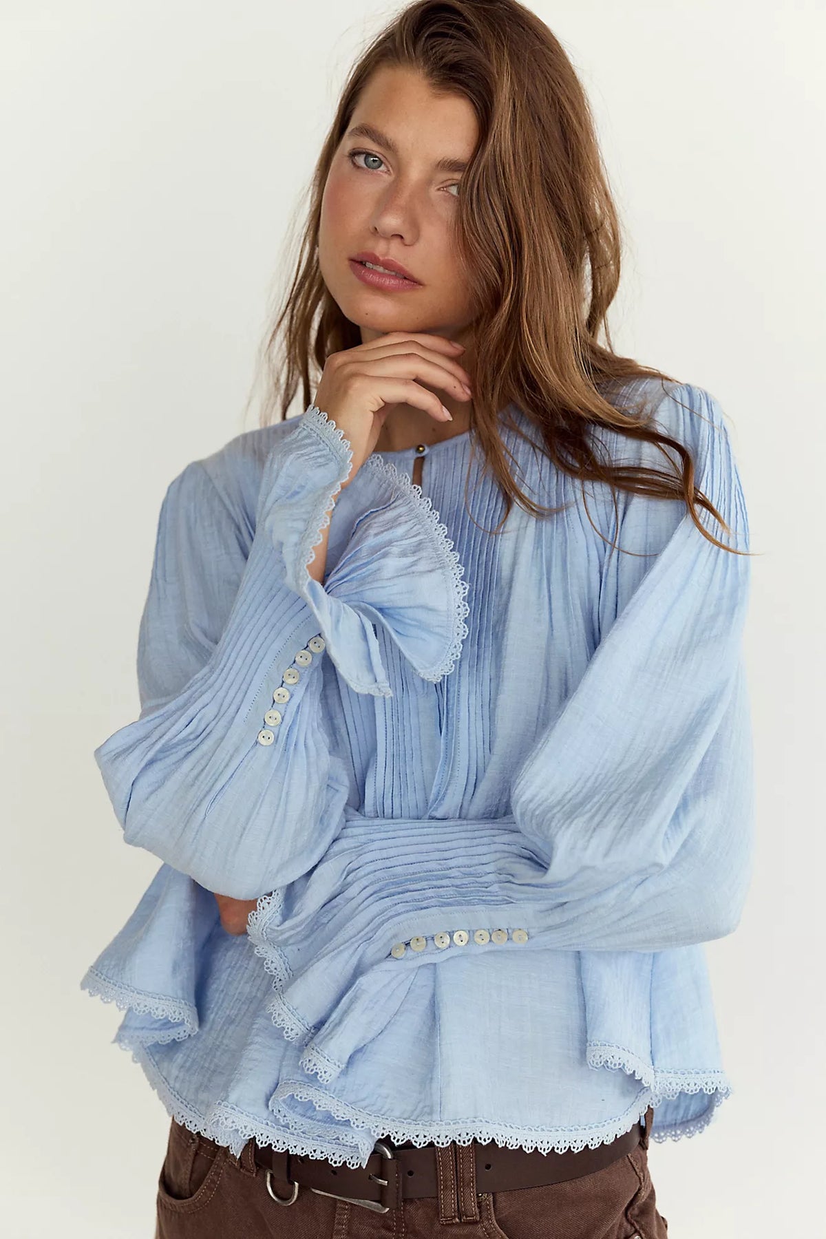 Free People Thousand Pintucks Blouse - Poplin Blue