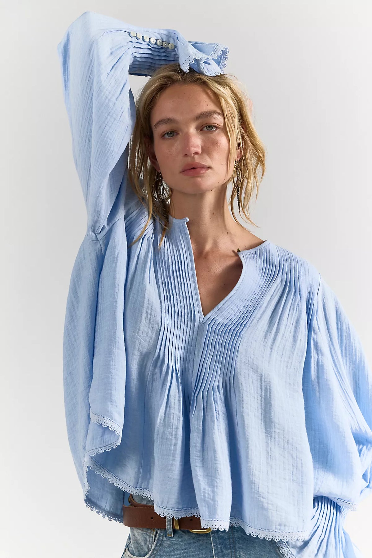 Free People Thousand Pintucks Blouse - Poplin Blue
