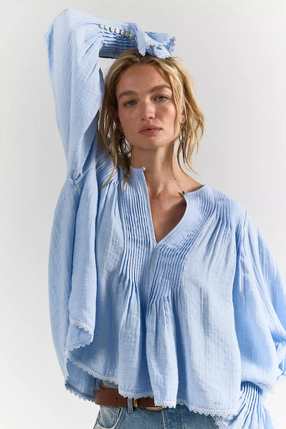 Free People Thousand Pintucks Blouse - Poplin Blue