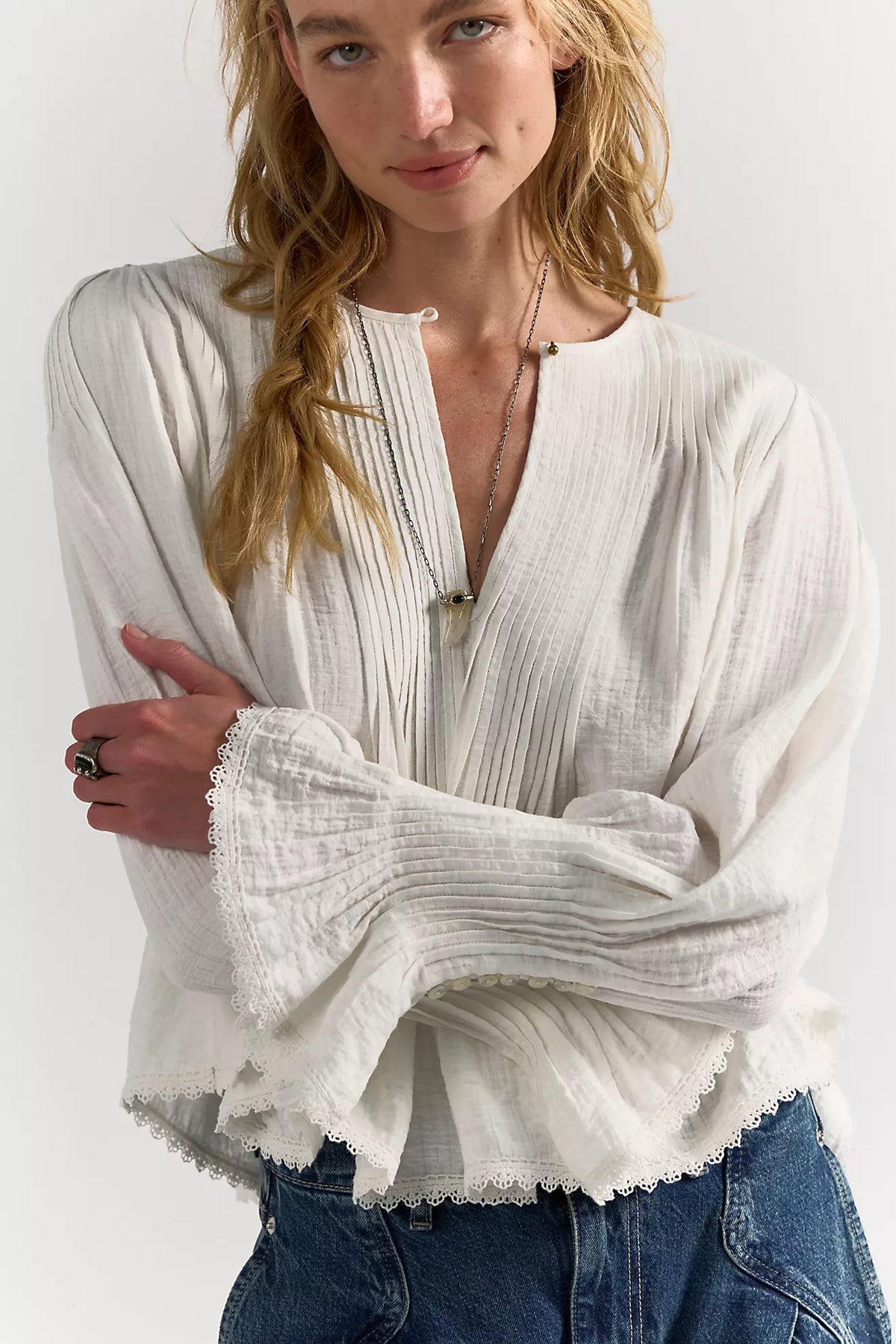 Free People Thousand Pintucks Blouse - Clean Ivory