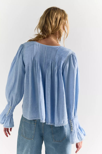 Free People Thousand Pintucks Blouse - Poplin Blue