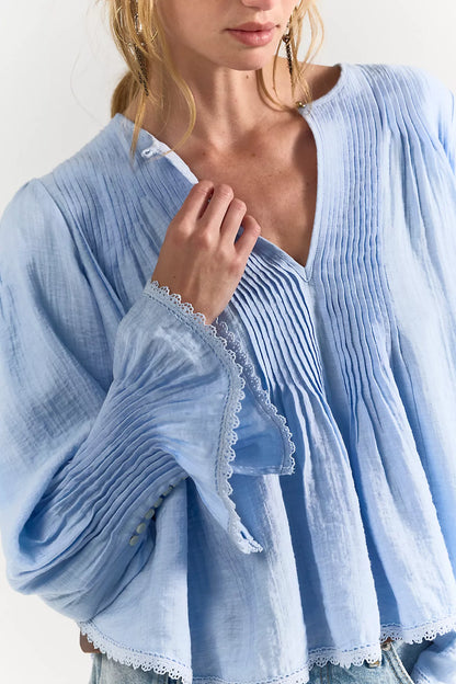 Free People Thousand Pintucks Blouse - Poplin Blue