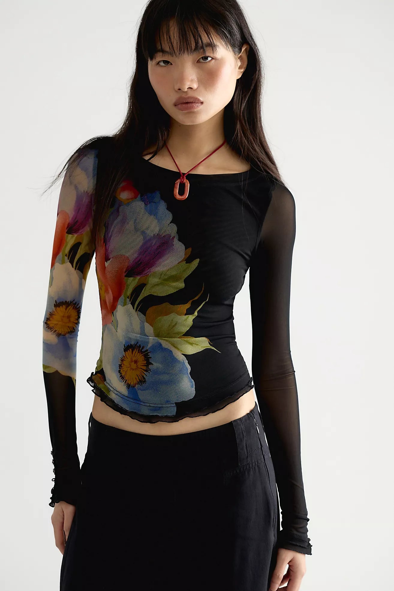 Free People Lilly Printed Longsleeve Top - Black Combo