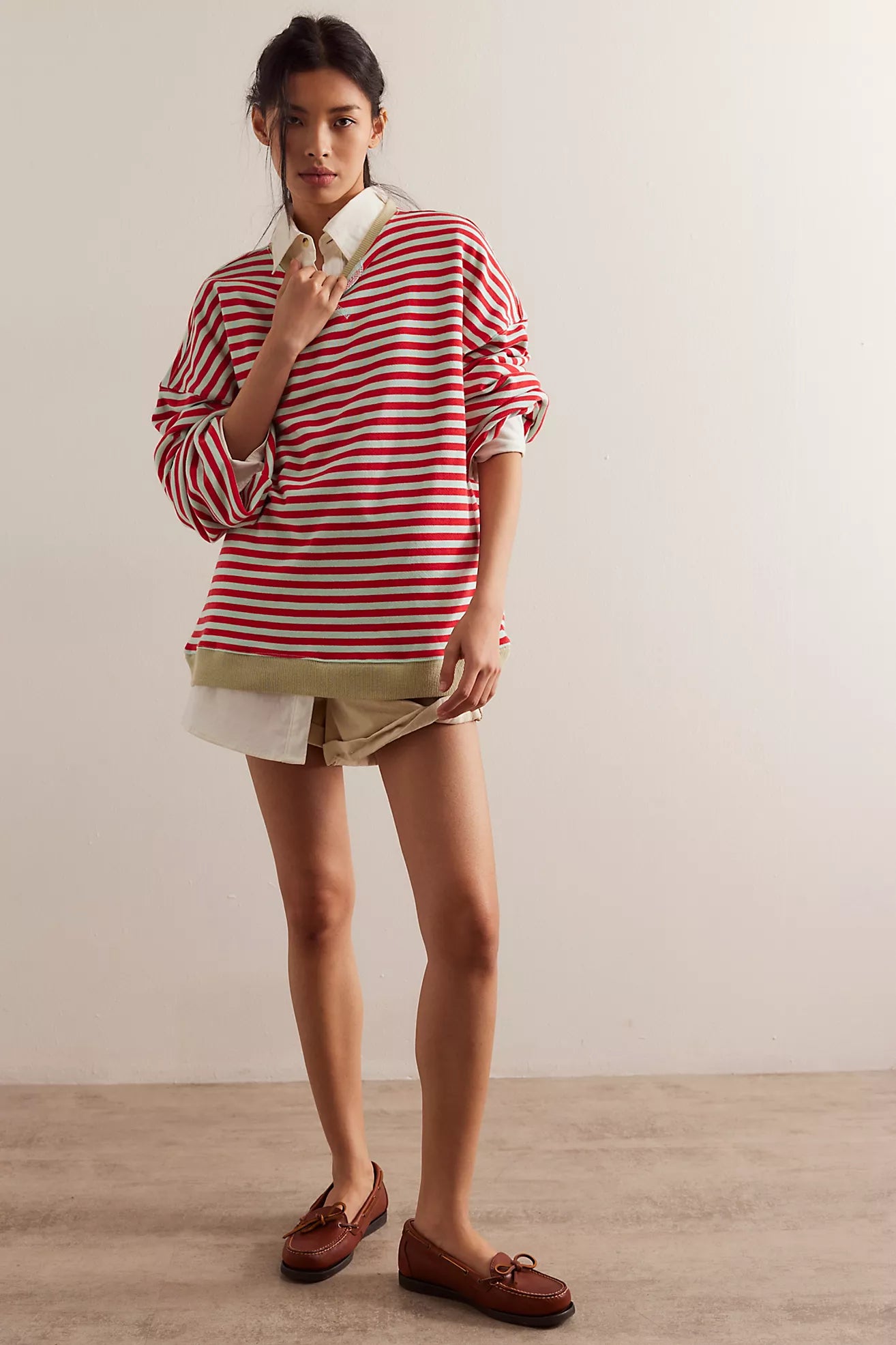 Free People Classic Striped Oversized Crewneck Shirt - Cherry Combo