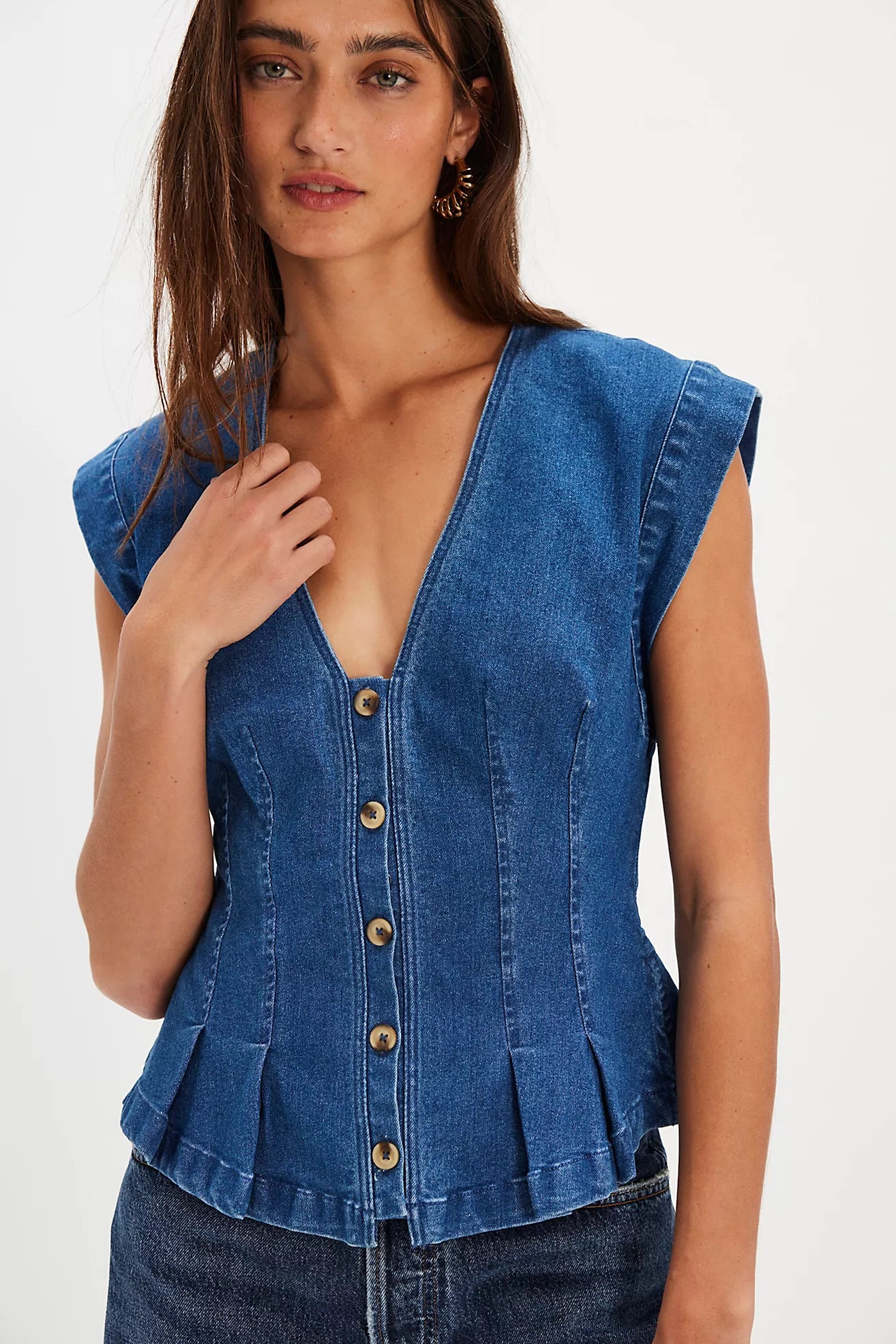Free People Dylan Denim Vest - Medium Blue