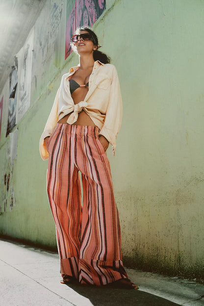 Free People Days End Solar Linen Stripe Pants - Soft Coral Combo