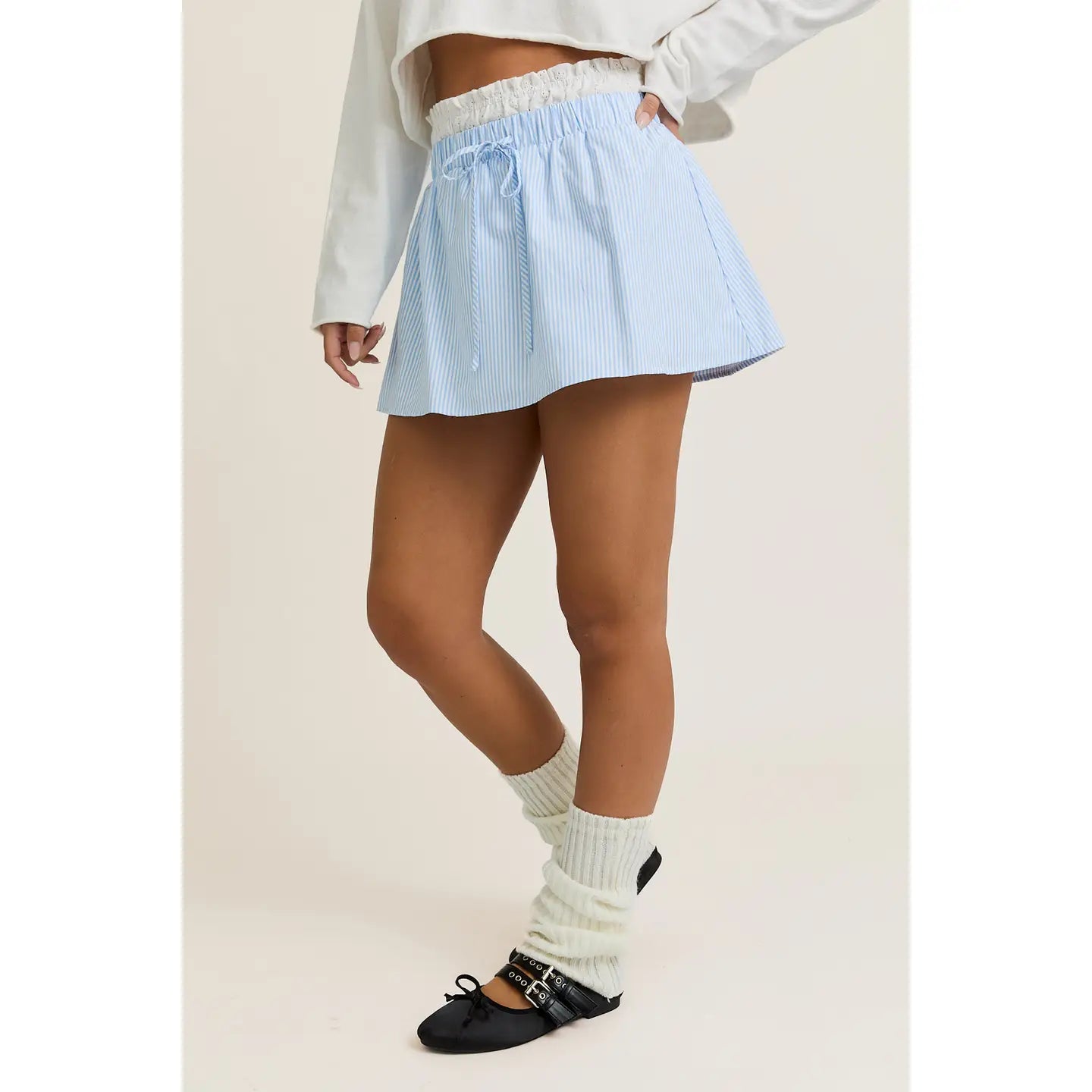 Contrast Waist Mini Skirt - White/Light Blue Stripe