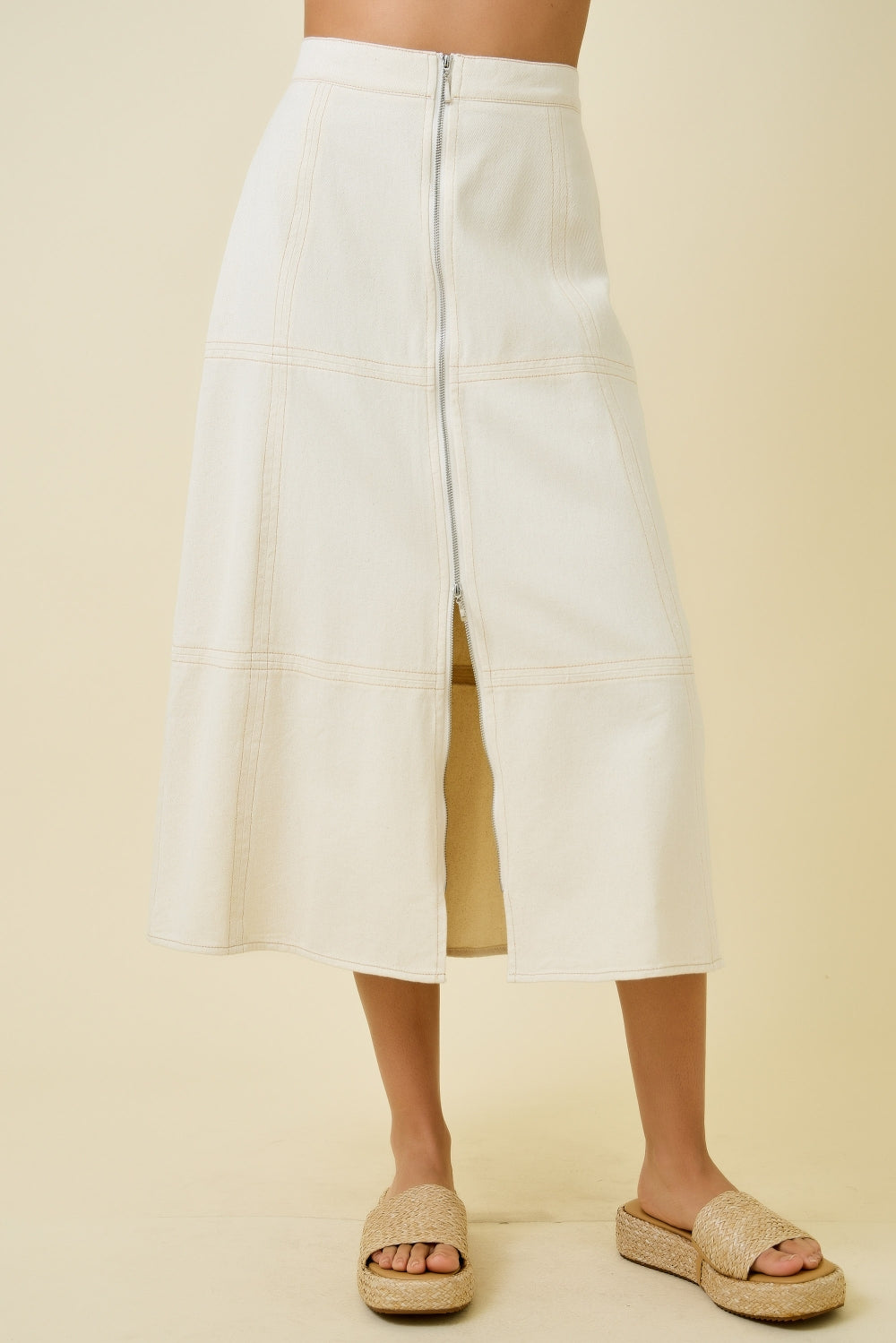 Front Zip Denim Midi Skirt - Oatmeal