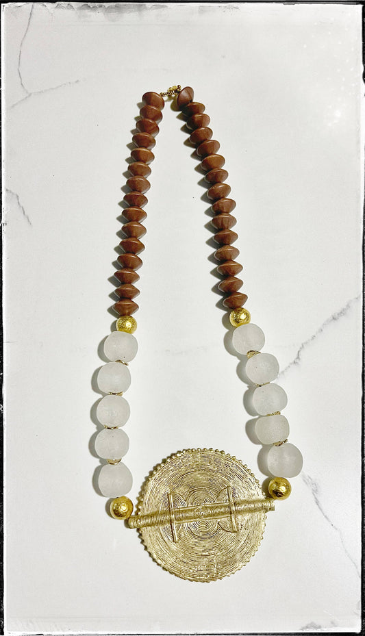 Brass Baule Pendant Necklace w/ Wood & Glass Bead - White