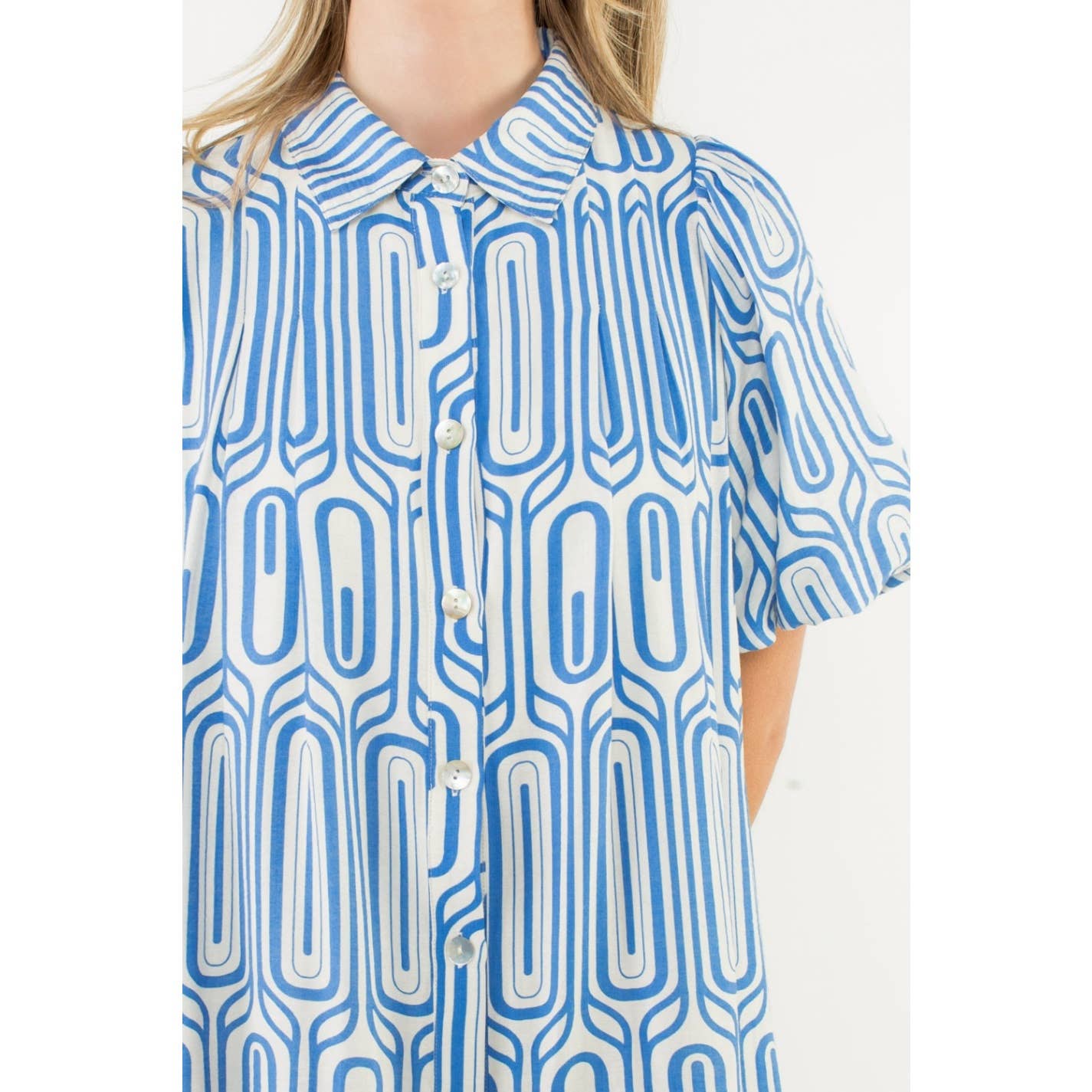 Geometric Puff Sleeve Button Dress - Blue