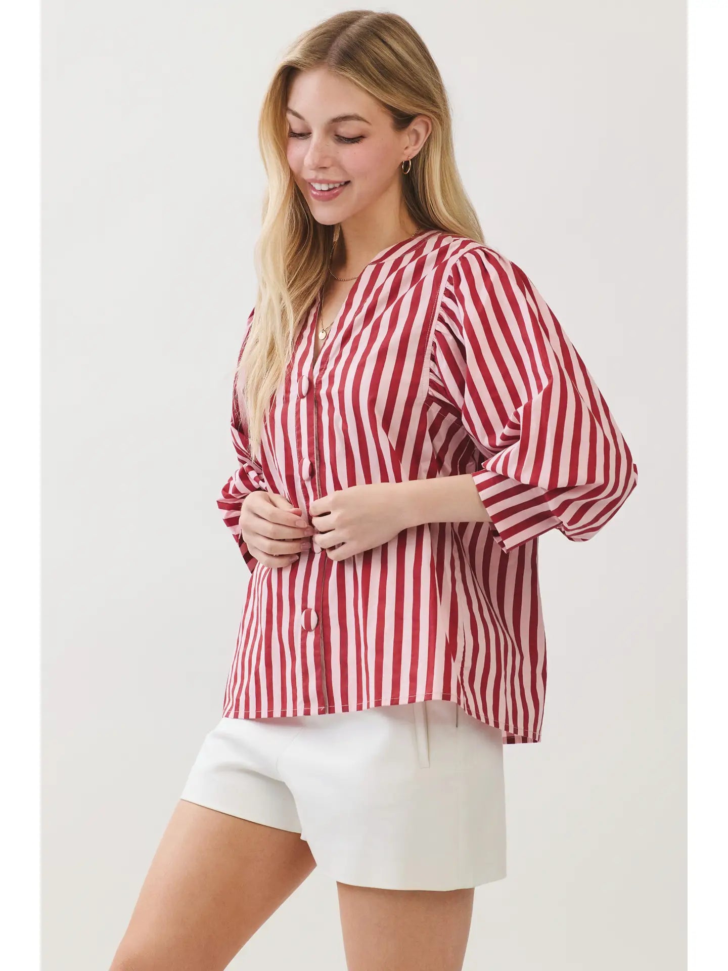 Stripe Bishop Sleeve Blouse - Pink/Wine