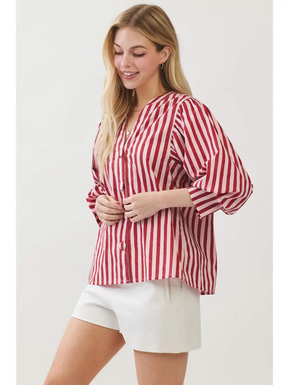 Stripe Bishop Sleeve Blouse - Pink/Wine