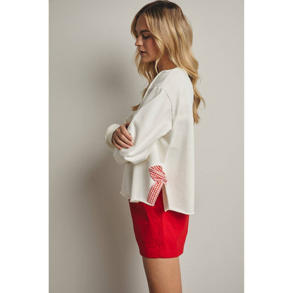Side Gingham Bow Pullover Top - Off White/Red