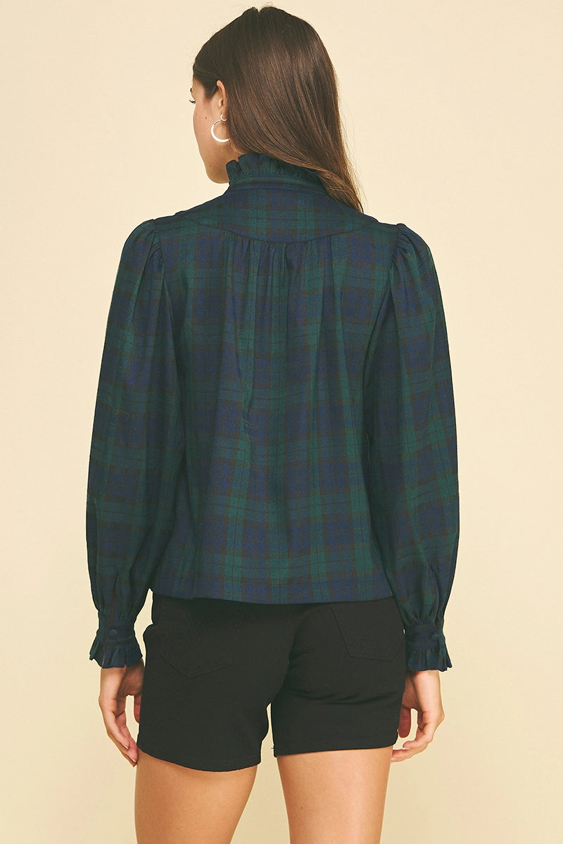 Plaid Ruffled Mock Neck Shirt - Navy/Green