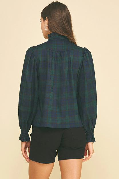 Plaid Ruffled Mock Neck Shirt - Navy/Green