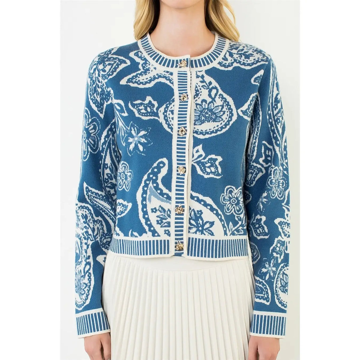 Long Sleeve Paisley Print Knit Cardigan - Blue