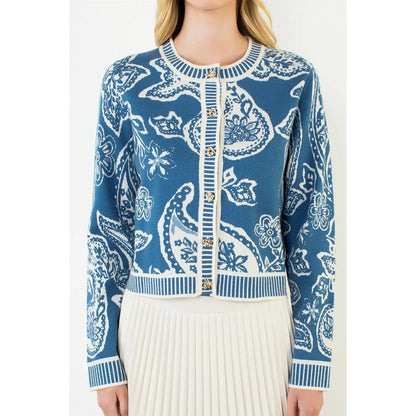 Long Sleeve Paisley Print Knit Cardigan - Blue