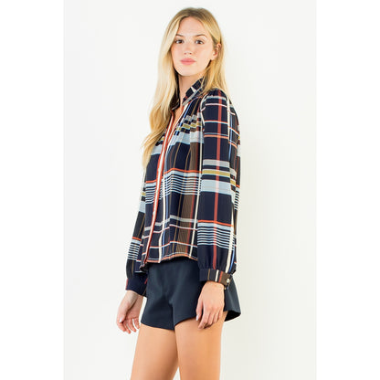 Plaid Long Sleeve Button Top - Navy