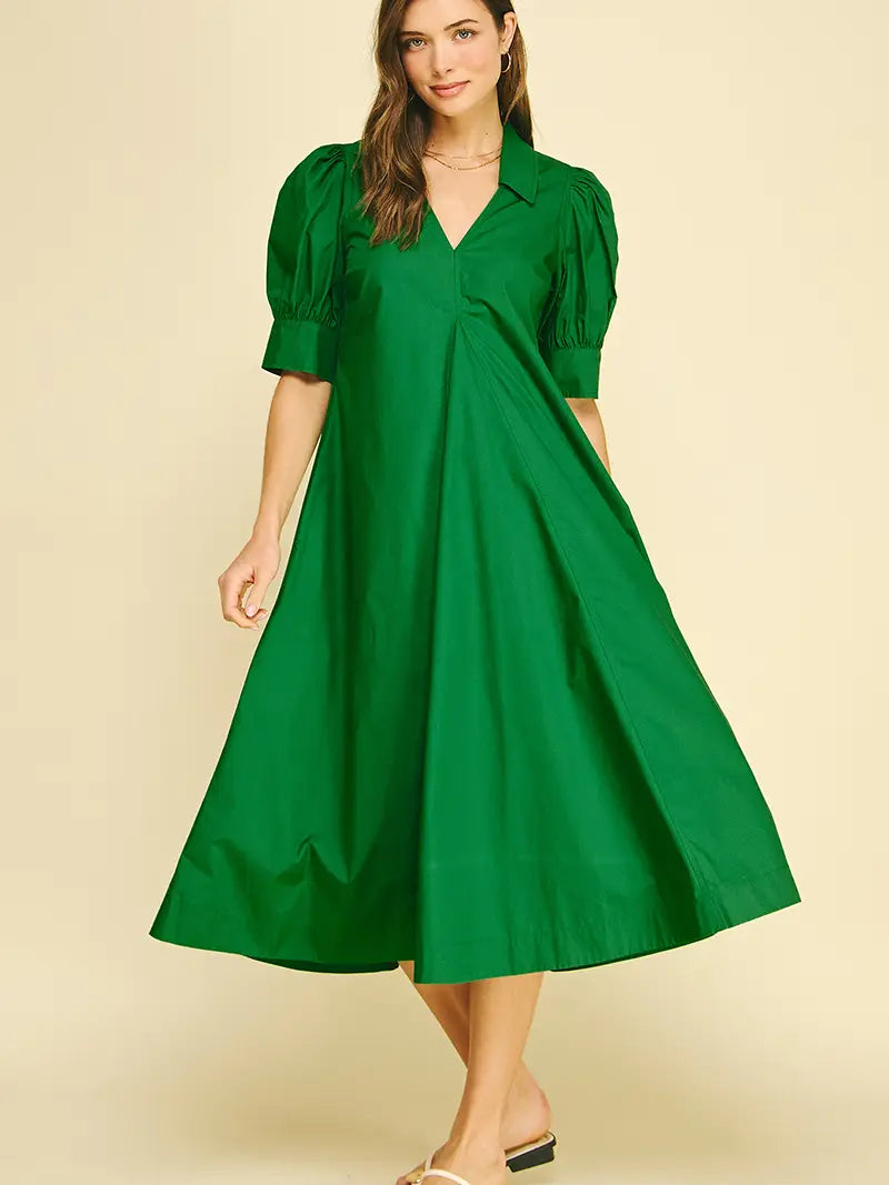 V-Neck Pleated A-Line Dress - Grass Green