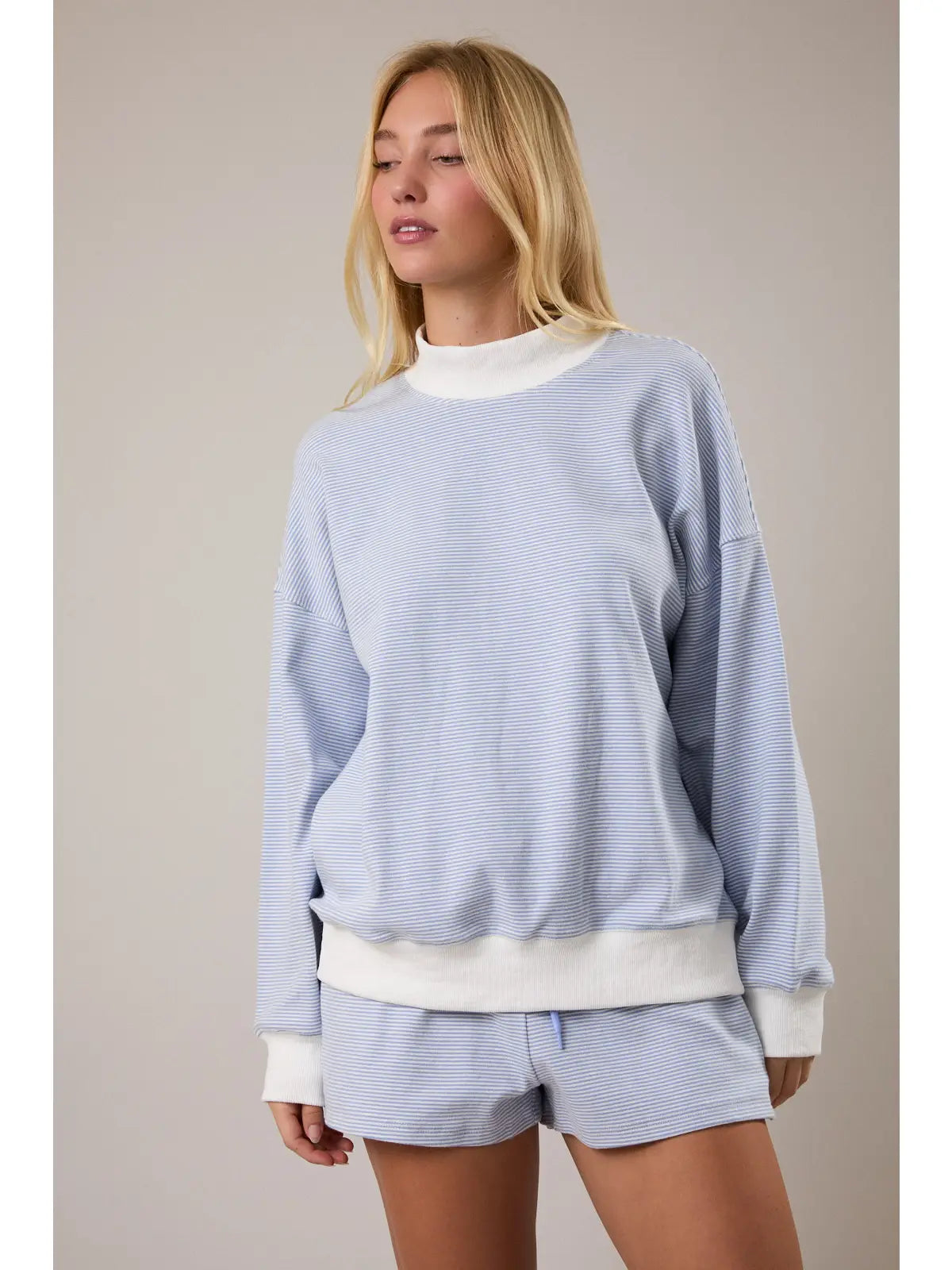 Mock Neck Stripe Sweatshirt Top - Light Blue/Cream