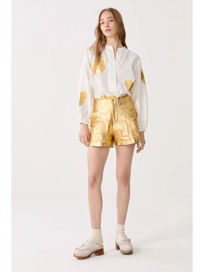 Cupid Linen Shirt - Off White w/ Gold Hearts