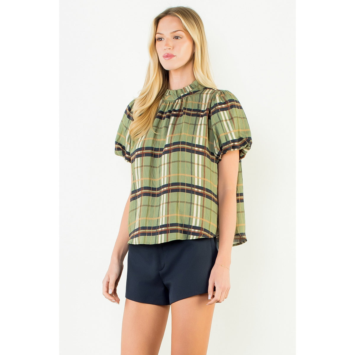 Ruffled Neck Plaid Top - Olive
