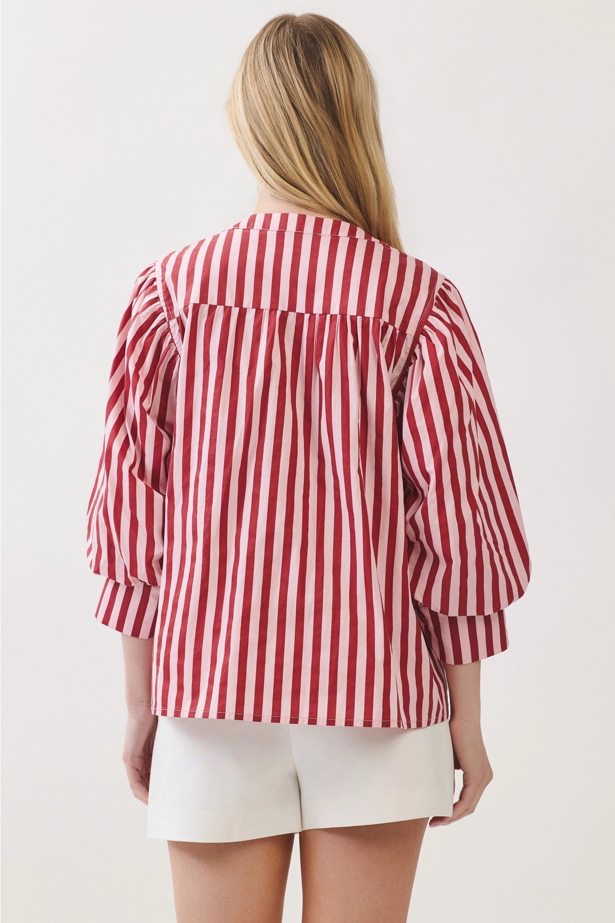 Stripe Bishop Sleeve Blouse - Pink/Wine