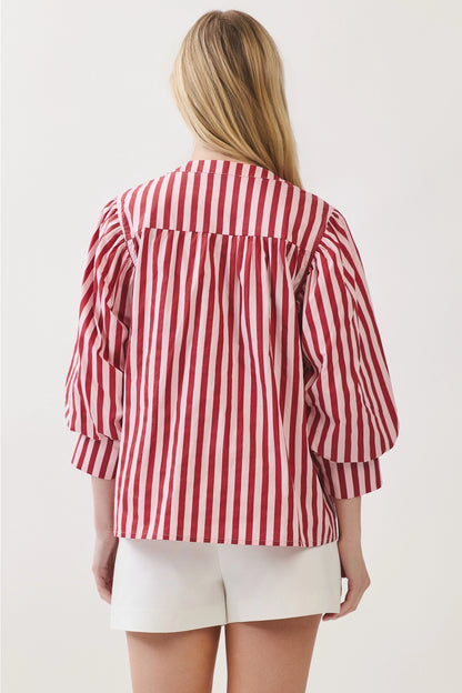 Stripe Bishop Sleeve Blouse - Pink/Wine