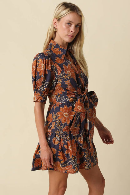Mabel Tie Front Floral Mini Dress - Dark Navy Rust