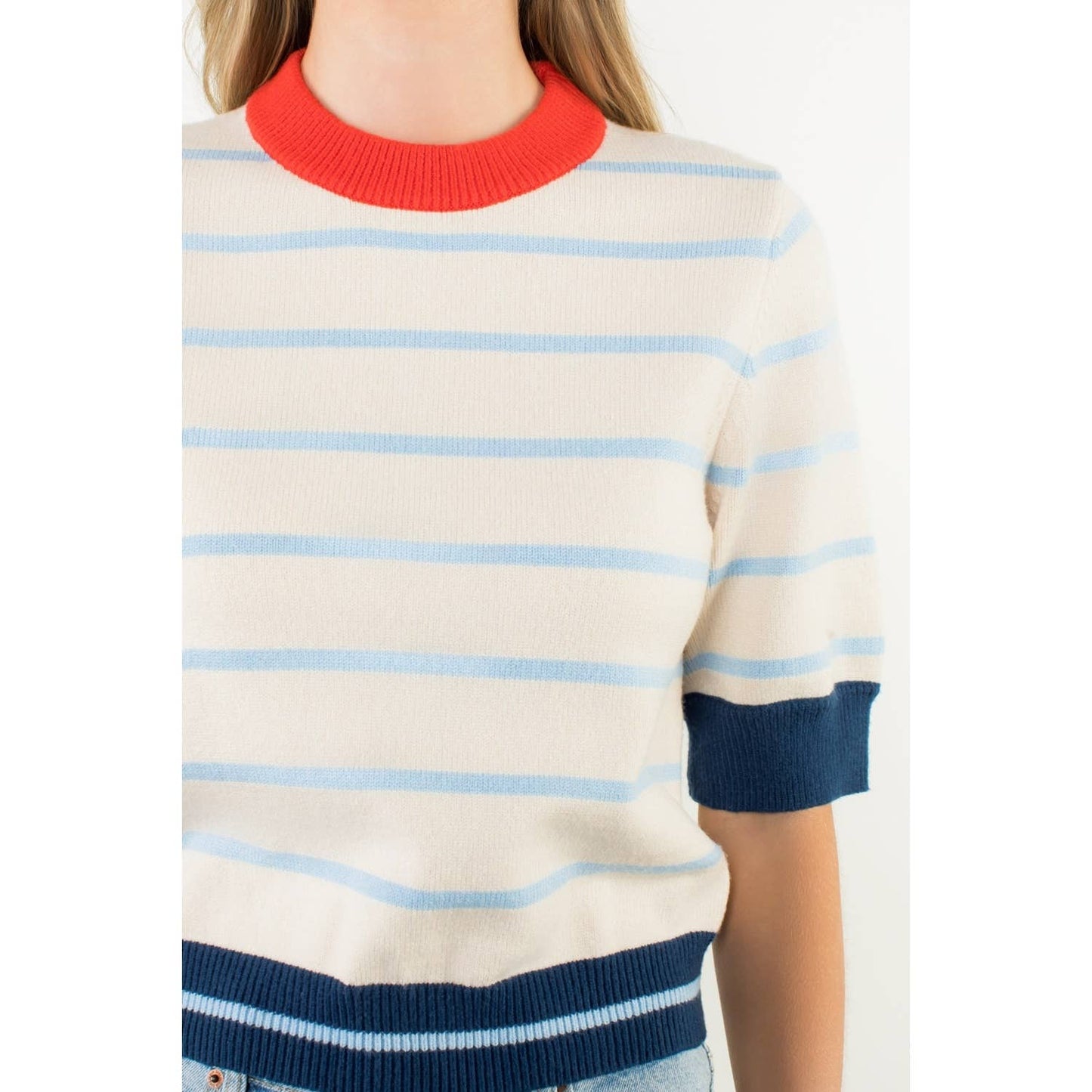 Colorblock Rib Trim Striped Knit Top - Cream