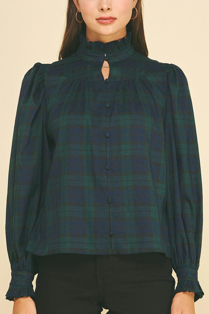 Plaid Ruffled Mock Neck Shirt - Navy/Green