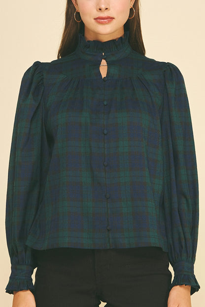 Plaid Ruffled Mock Neck Shirt - Navy/Green