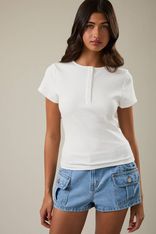 Short Sleeve Henley Top - White