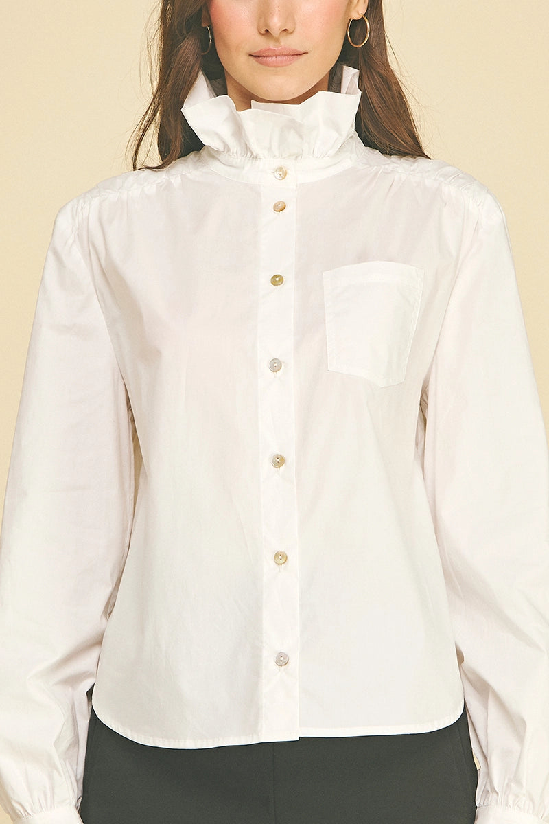 Ruffled High-Neck Button Down Shirt - Off White