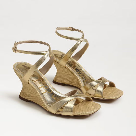 Sam Edelman Davi Ankle Strap Wedge Sandal - Amber Gold Leather