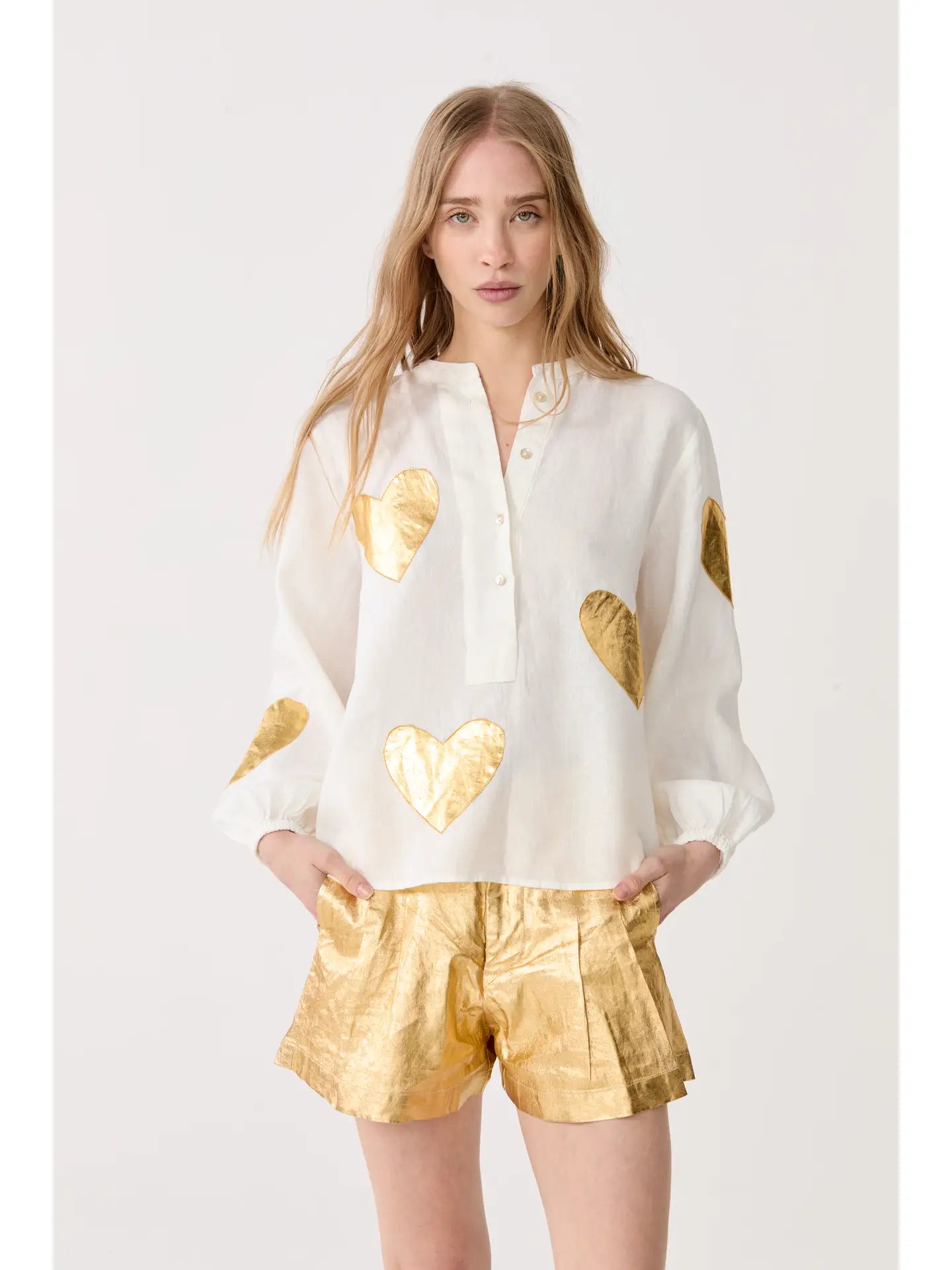 Cupid Linen Shirt - Off White w/ Gold Hearts