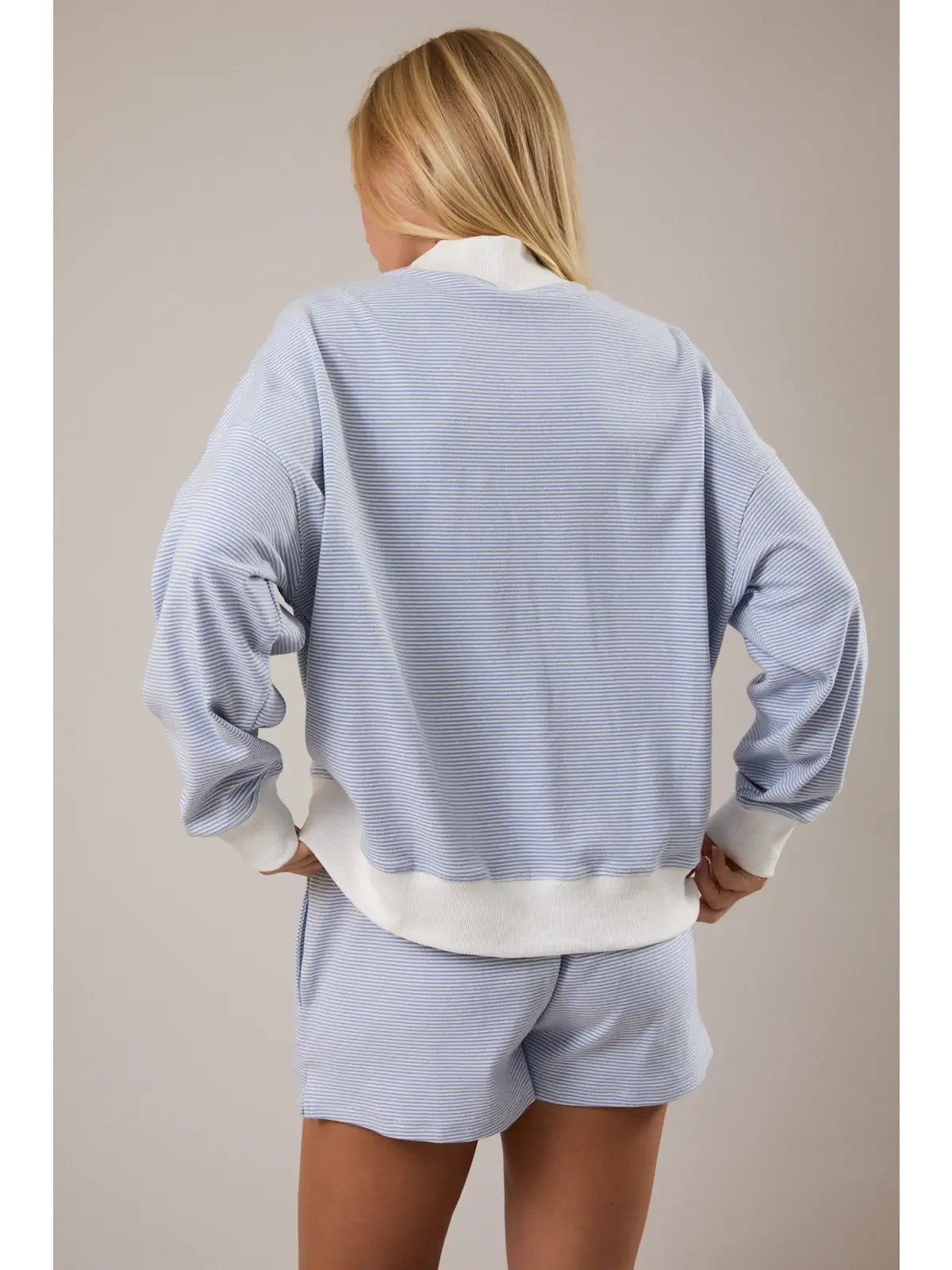Mock Neck Stripe Sweatshirt Top - Light Blue/Cream