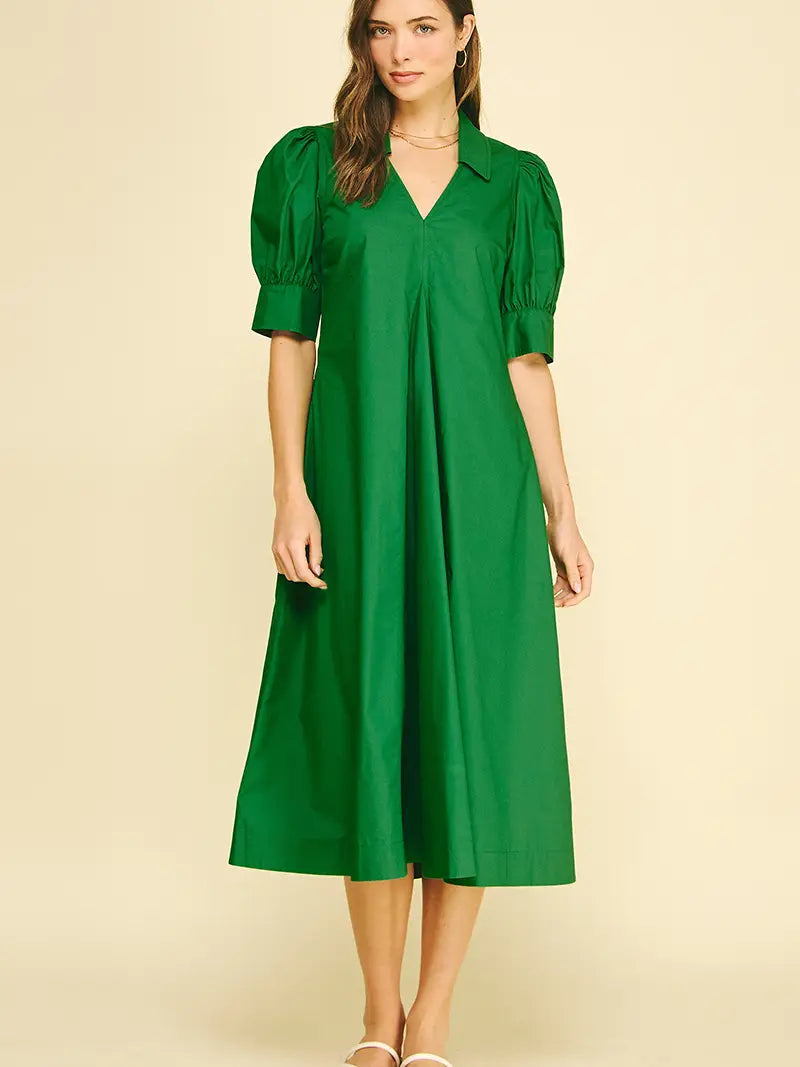 V-Neck Pleated A-Line Dress - Grass Green