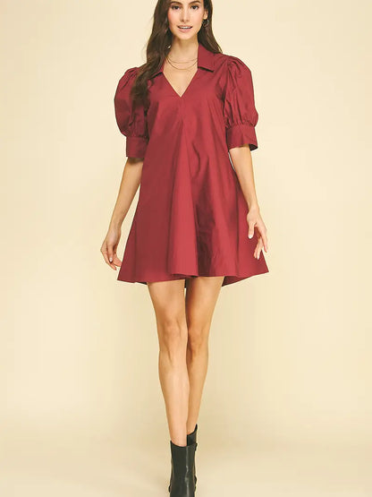 Puff Sleeve V-Neck Mini Dress - Maroon