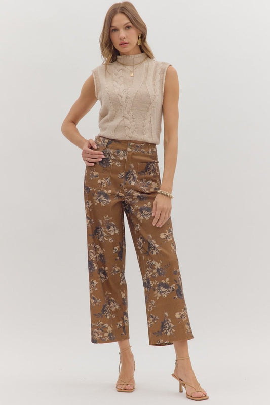 Floral Mid-Rise Ankle Pants - Caramel
