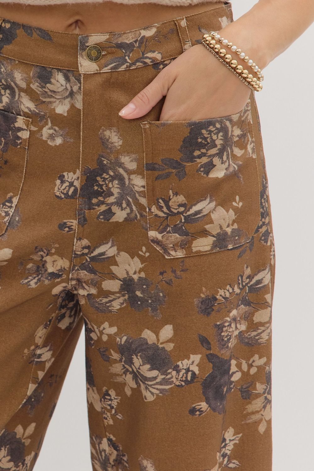 Floral Mid-Rise Ankle Pants - Caramel