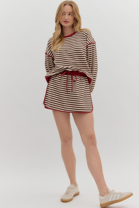 Stripe Pull-On Skirt - Red/Brown