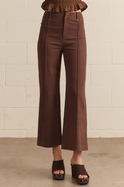 Front Seam Detail High Rise Wide Leg Pants - Brown