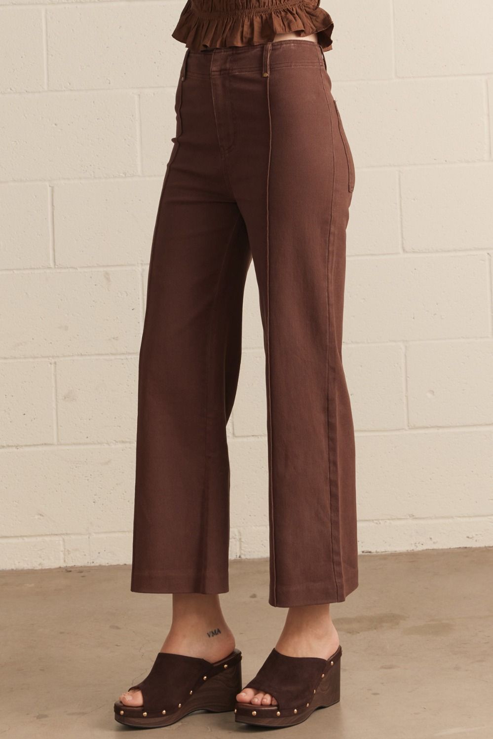 Front Seam Detail High Rise Wide Leg Pants - Brown