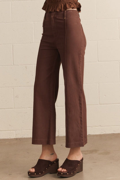 Front Seam Detail High Rise Wide Leg Pants - Brown