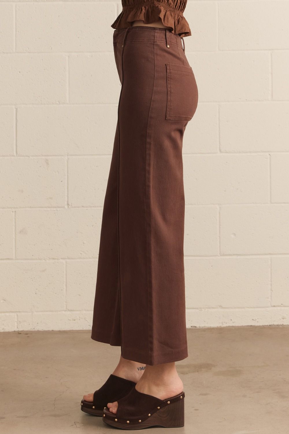 Front Seam Detail High Rise Wide Leg Pants - Brown