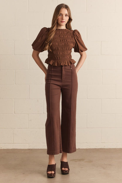 Front Seam Detail High Rise Wide Leg Pants - Brown