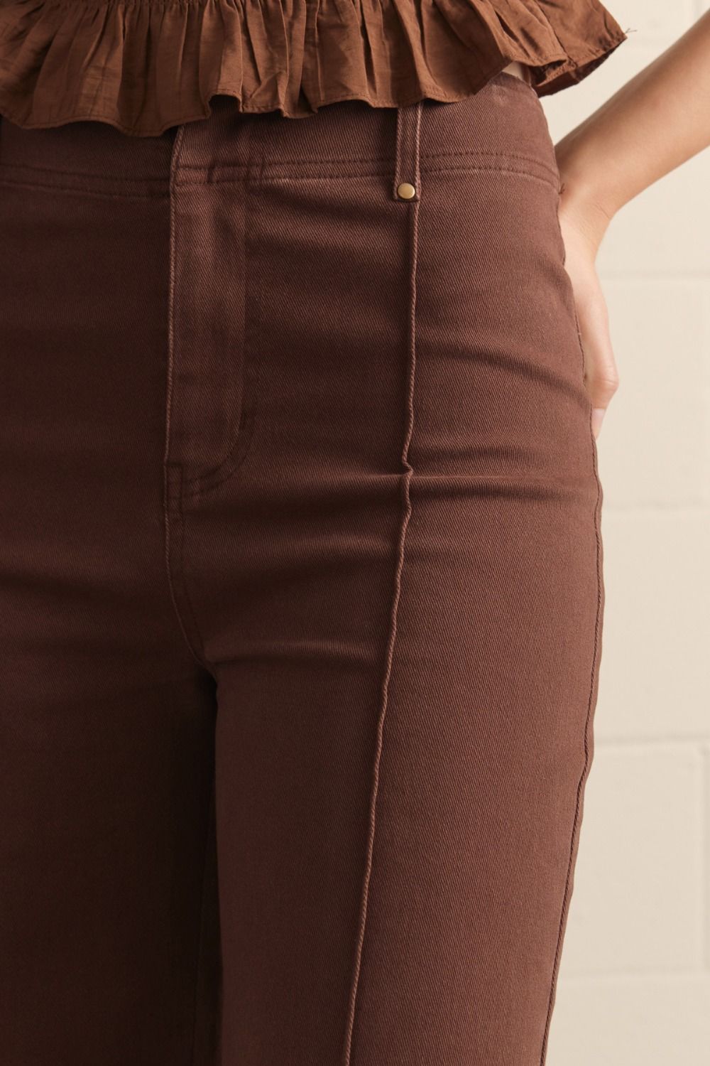 Front Seam Detail High Rise Wide Leg Pants - Brown