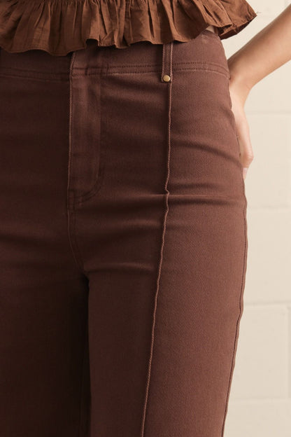 Front Seam Detail High Rise Wide Leg Pants - Brown