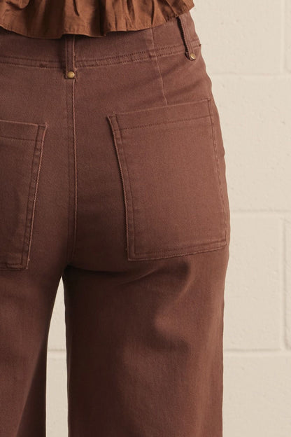 Front Seam Detail High Rise Wide Leg Pants - Brown